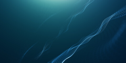Abstract wave of dots and weave lines. Network connection structure. Wave Stream Big Data Technology Abstract Wave Background. Abstract blue background of moving particles.