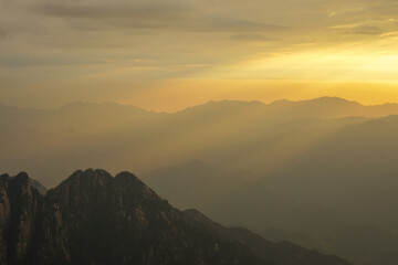 Obraz premium Landscape of Huangshan (Yellow Mountain). UNESCO World Heritage Site. Located in Huangshan, Anhui, China, tourist, silhouette sunset.