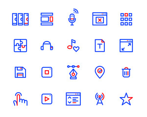 Simple 2 color line art icons set. Server, layouts, tap, wifi, favorite, floppy disk and other. Pixel perfect, editable stroke