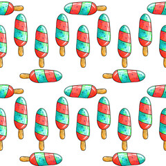 Seamless raster pattern of blue red ice cream on stick with creamy taste on white isolated background. High quality illustration