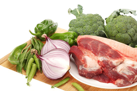  Fresh meat and Vegetables on white background