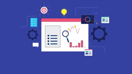 Cartoon style 2d animation of Business data intelligence software. business analytics, digital marketing mix concept.