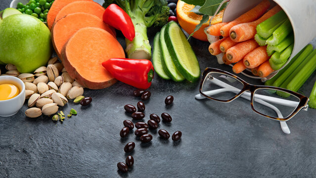 Foods high in lutein on dark background.