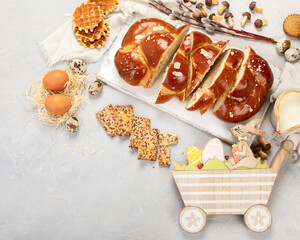Easter sweet bread, tsoureki cozonac sliced.