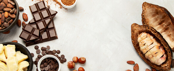 Cocoa pod with fresh cocoa beans.