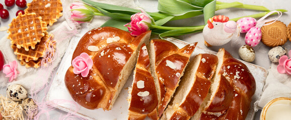 Easter sweet bread, tsoureki cozonac sliced.