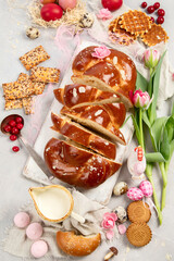 Easter sweet bread, tsoureki cozonac sliced.