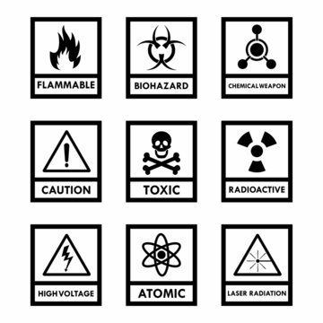 Flammable, biohazard, chemical weapon, caution, toxic, radioactive, high voltage, atomic, laser radiation badge logo template illustration. 