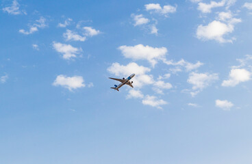 Dubai, UAE - 02.27.2022 - Dubai, UAE - Shot of an Egypt airlines airplane on blue sky background. Aviation