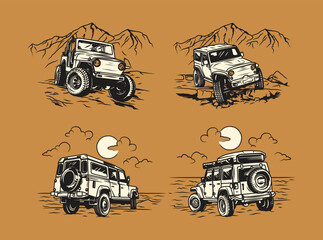 Set Vintage Hand Drawn Off road Car Adventures Logo Label © Invasistudio