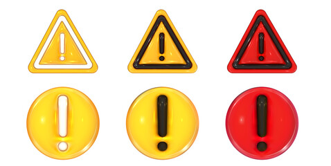 Caution signs 3d set. Hazard warning circle and triangle stickers. Danger, attention and important exclamation mark. Realistic vector render design element.