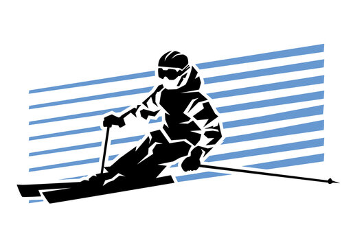 black skier on skis, blue background clip art preview
