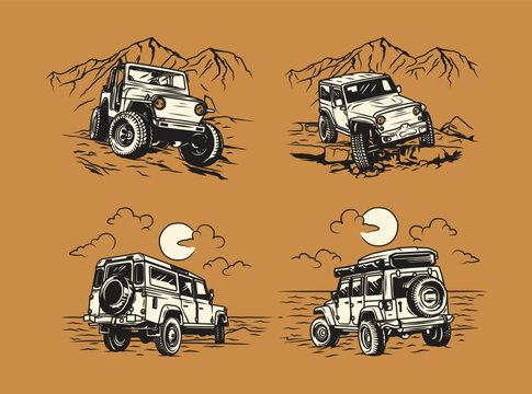 Set Vintage Hand Drawn Off road Car Adventures Logo Label