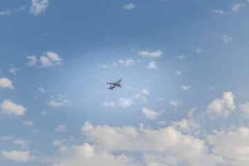 Dubai, UAE - 02.27.2022 - Dubai, UAE - Shot of an Spice Jet airlines airplane on blue sky background. Aviation