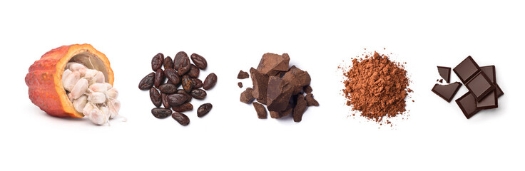 Chocolate ingredients in wooden bowls, cocoa beans, chocolate mass, cocoa powder, chocolate bars....