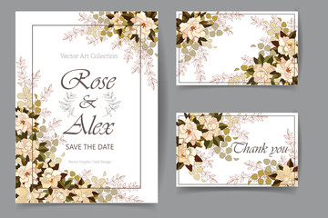 A set of invitations and business cards for a celebration, holiday, anniversary, decorated with magnolia flowers. Vector illustration in a flat style.
