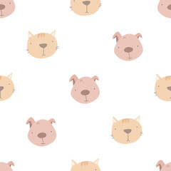 Seamless pattern with cute pets, dog, cat. simple flat vector. Hand drawing for children. animal theme. baby design for fabric, textile, wrapper, print.