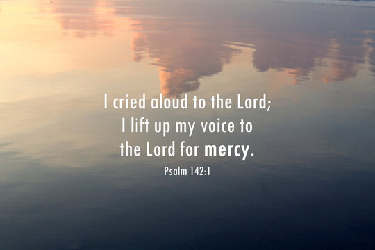 Bible Verse Inspirational Quote - I Cried Aloud To The Lord, I Lift Up My Voice To The Lord For Mercy. Psalm 142:1 With Soft Light Blue Abstract Background Of Sky Clouds Reflection On The Water.