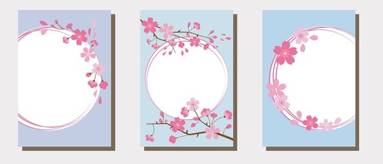 Set of Cherry blossom frames. Spring template collection. Cherry blossom decoration frame for sns, cover, banner and background design. Vector illustration.