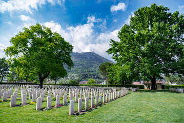 War memorial, Commonwealth Cemetery of Cassino in Italy of the Second World War. - obrazy, fototapety, plakaty