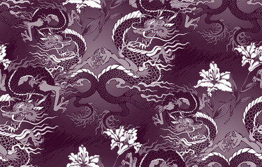 Pattern of asian dragon and flowers. Suitable for fabric, wrapping paper and the like