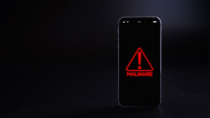 Cyber security hacker smartphone. Internet web hack technology. Digital mobile phone isolated on black banner. Data protection, secured internet access, cybersecurity.