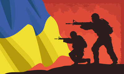 Ukraine flag and soldiers silhouettes