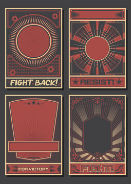 Propaganda Posters Template Set, Black Red White Backgrounds, Retro Elements, Bullets, Brick Wall, Stars