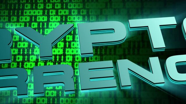 Colorful blue green typography Crypto Currency concept with neon glowing light flashing on dark green hexadecimal motion moving big data digital code running in background.