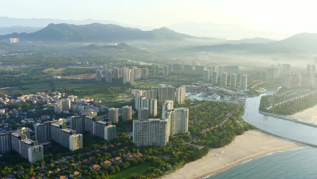 drone shot of an upscale residential area by the sea in sanya, hainan, china