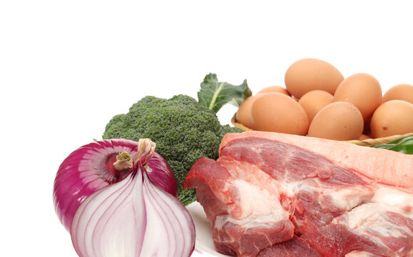  Fresh meat and Vegetables on white background