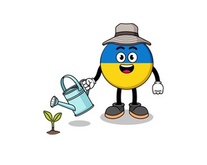 Illustration of ukraine flag cartoon watering the plant