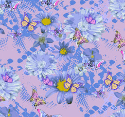 Fantastic flowers and butterflies. Seamless pattern. Suitable for fabric, mural, wrapping paper and the like