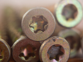 Torx self-tapping screws. Macro photo of torx head screws, soft focus can be used for background. Self-tapping screws for wood, plywood or chipboard. Torx screw heads close-up