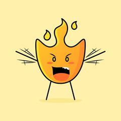 cute fire cartoon with angry expression. mouth open and hands shaking. suitable for logos, icons, symbols or mascots
