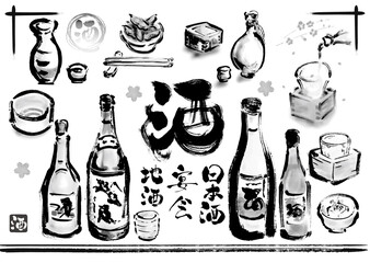 お酒、日本酒関連の手描き和風イラストセット　モノクロ