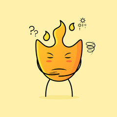 cute fire cartoon with thinking expression and eyes closed. suitable for logos, icons, symbols or mascots