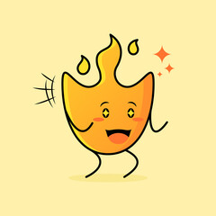 cute fire cartoon with happy expression. two hands clenched and sparkling eyes. suitable for logos, icons, symbols or mascots