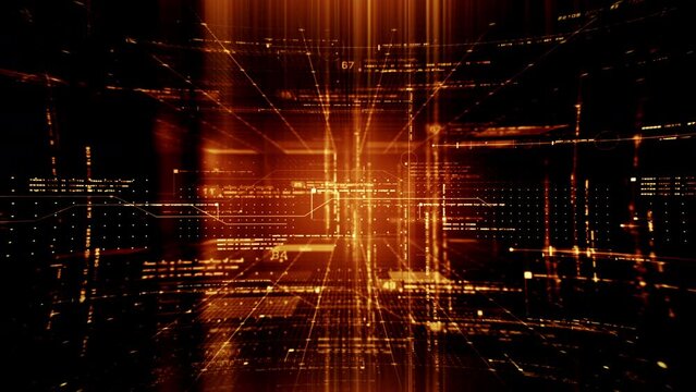 Futuristic artificial neural networks simulation, artificial intelligence deep learning performing analytic computational head up display loop background