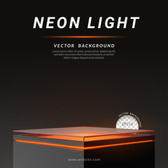 Square podium frosted glass floor with orange neon light on a black background. Concept of design for product display. Layout square, Vector illustration