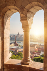 Budapest Hungary Europe city skyline view from window at bastion of fishermen