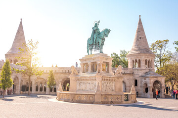 Bronze statue of Stephen I of Hungary mounted on a horse at Fisherman's Bastion terrace, the Castle hill in Budapest, Hungary