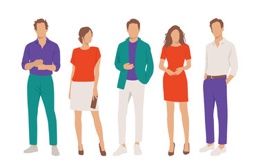 Fototapeta premium Set of young men and women, different colors, cartoon character, group of silhouettes of standing business people, students, the design concept of flat icon, isolated on white background