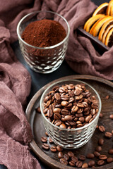 Ground coffee and coffee beans