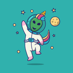 
cute alien disguised as unicorn, suitable for children's books, birthday cards, valentine's day, stickers, book covers, greeting cards, printing.