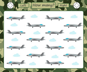 Educational game for kids. How much right and left. Military transport. Airplane. Teaching orientation in space and counting for preschool children. Vector illustration
