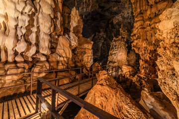 Wooden walking path in Phu Pha Petch caves at Thailand	
