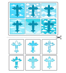 Educational game for kids. Find the right shadow. plane in the sky. Activity for preschool years kids and toddlers. Contour lotto for toddlers