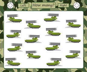 Educational game for kids. How much right and left. Military transport. rocket launcher. Teaching orientation in space and counting for preschool children. Vector illustration