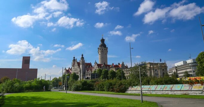Leipzig, Germany - August 30, 2021: Time lapse of the new town hall or Rathaus of the saxony city of Leipzig. Seat of Leipzig's municipal government, Constructed in historicist monumental style.